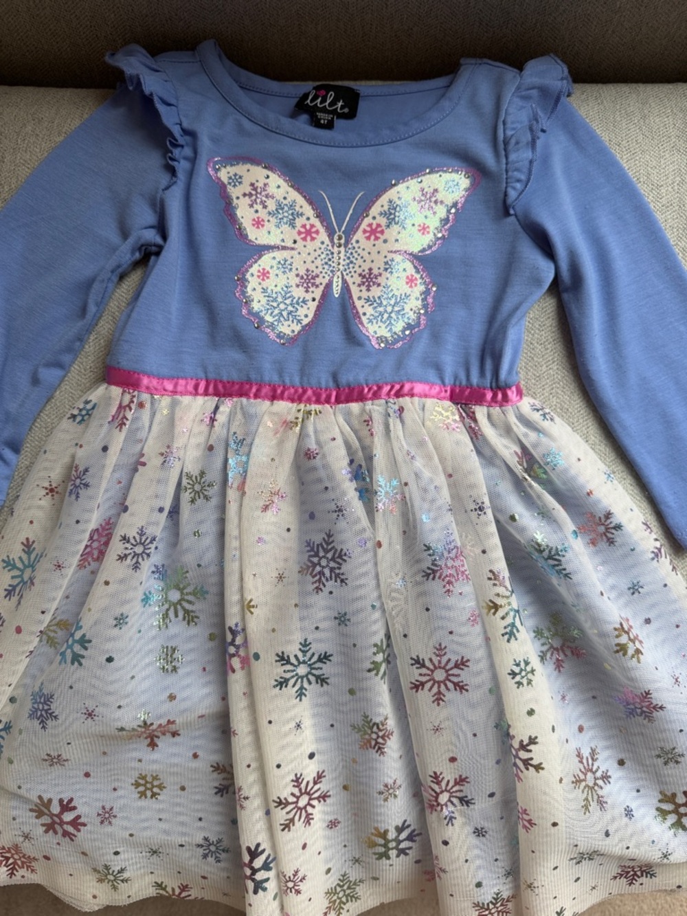 4t lilt Periwinkle Butterfly metallic Tulle Dress with rainbow snowflakes Waist